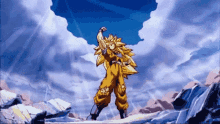 a pixelated image of a cartoon character with a blue sky and clouds behind him