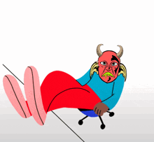 a cartoon drawing of a devil with horns sitting in an office chair