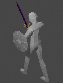 a low poly man holding a sword and shield