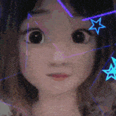a close up of a doll 's face with glowing stars around her