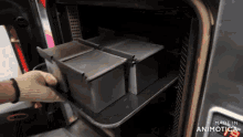 a person is taking a loaf of bread out of an oven that says made in animatica