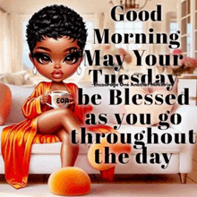 a cartoon girl is sitting on a couch holding a cup of coffee and a good morning message .