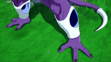 a purple and white monster with horns is standing in the grass