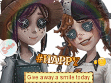 two girls are standing next to each other with a sign that says #happy