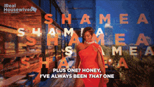 a poster for the real housewives shows a woman in a red dress walking