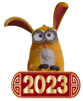 a cartoon rabbit holding a sign that says 2023 on it