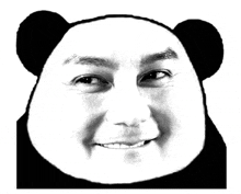 a black and white photo of a panda bear 's face with a smile on it 's face