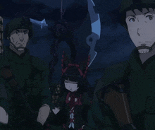 a group of soldiers standing next to each other with a girl holding a large sword