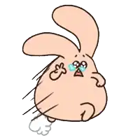 a cartoon rabbit is crying with a tear coming out of its mouth .
