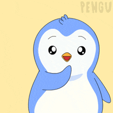 a blue penguin with a red heart and the word pengu on the bottom right