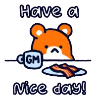 a cartoon bear sitting at a table with a plate of bacon and a cup of cgm coffee