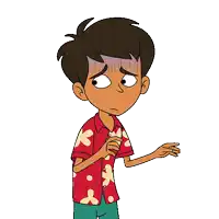 a cartoon boy wearing a red shirt with flowers on it looks surprised
