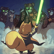 a cartoon of a squirrel holding a green lightsaber in front of a group of teddy bears and horses