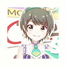 a girl with short hair is smiling in front of a calendar