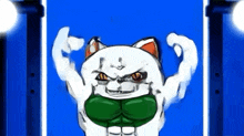 a cartoon cat with muscles and a green shirt is flexing his muscles .