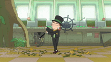 a cartoon of a leprechaun with a top hat and a cane
