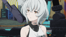 a girl with white hair and a black scarf around her neck looks at the camera