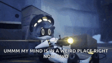 a robot is holding a gun in a weird place right now owo .