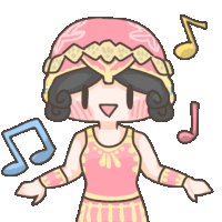 a cartoon drawing of a woman in a pink dress with music notes around her
