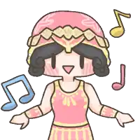 a cartoon drawing of a woman in a pink dress with music notes around her