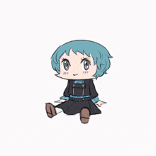 a cartoon character with blue hair is sitting on the floor