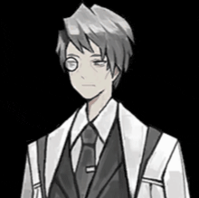 a black and white drawing of a young man in a suit and tie .