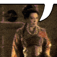 a pixelated image of a woman with a speech bubble