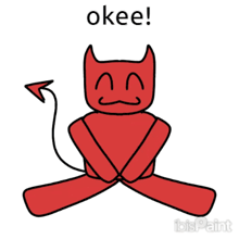 a drawing of a red devil with the word okee written above it
