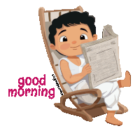 a cartoon of a boy reading a newspaper with the words " good morning " below