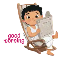 a cartoon of a boy reading a newspaper with the words " good morning " below