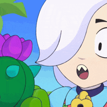 a close up of a cartoon character with a surprised look on his face .