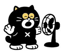 a black cat is standing next to a fan with smoke coming out of it 's mouth .