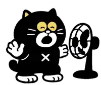 a black cat is standing next to a fan with smoke coming out of it 's mouth .