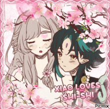 a picture of a girl and a boy with the words xiao loves shi-shi on the bottom