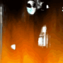 a person wearing a mask and sunglasses is walking through a dark room