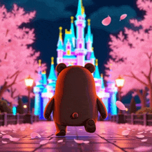 a teddy bear is walking in front of a castle with cherry blossoms in the background