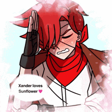 a drawing of a man with red hair and the words xander loves sunflower on the bottom