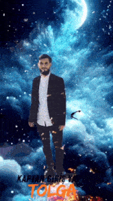 a man in a suit is standing in front of a blue sky with the word tolga on the bottom