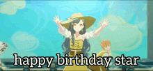 a girl in a yellow dress and straw hat with the words happy birthday star behind her