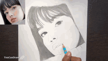 a drawing of a woman 's face is being drawn by a person named youcandraw