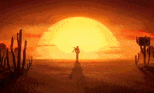a man in a cowboy hat is standing in front of a large sun in the desert .