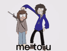 a cartoon drawing of a man holding another man 's head with the words me to u below them