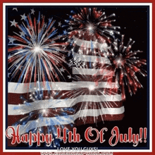 a happy 4th of july greeting card with fireworks and an american flag in the background