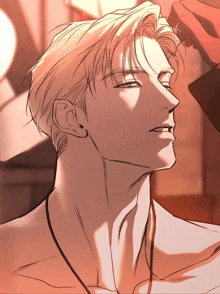 a close up of a man 's face with his eyes closed and a necklace around his neck