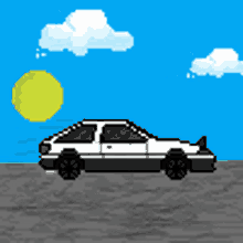 a pixel art drawing of a white car driving on a dirt road