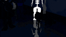 a black and white drawing of a skeleton with a reflection