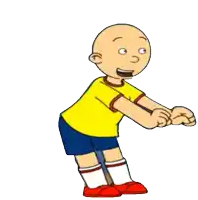 a cartoon character with a bald head is wearing a yellow shirt and blue shorts and is squatting down .