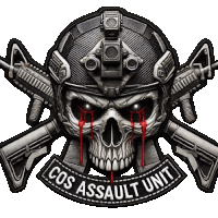 a cos assault unit patch has a skull with blood coming out of its eyes