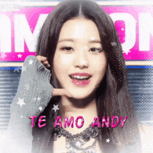 a close up of a woman 's face with the words te amo andy on it