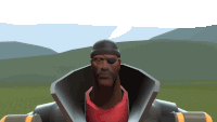 a man with an eye patch and a red shirt is standing in a field